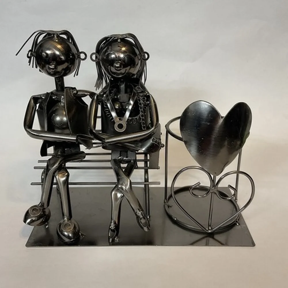 VTG Metal Statue Love Couple On‎ The Bench Wine Bottle/Candle Holder 8